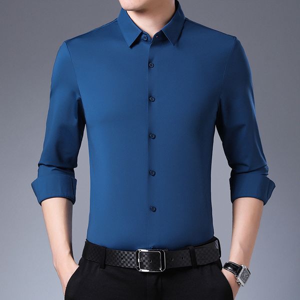 

2021 long sleeve middle-aged dad spring autumn trend men's elastic non ironing solid color casual shirt, Black