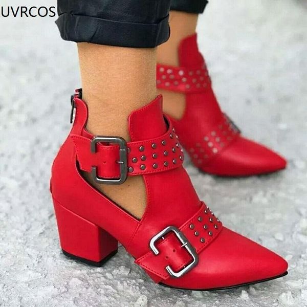 

boots american style pointed big size rivet ankle women's autumn belt buckle middle heel, Black