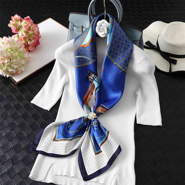 

silk women's twill satin large square shawl neck chain printing versatile youth travel scarf, Blue;gray