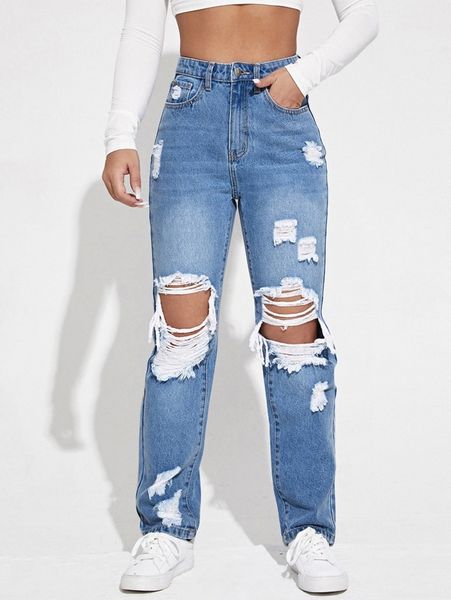 

high waist ripped straight leg jeans b271#, Blue
