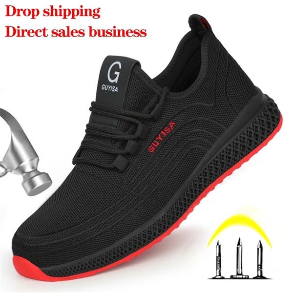 

men safety shoes air mesh steel toe sneakers work shoes breathable male puncture-proof safety boots drop safeti footwear 210923, Black