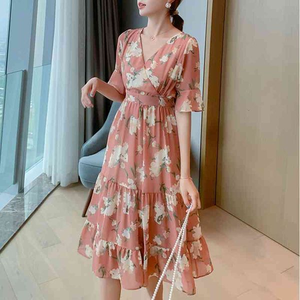 

casual dresses 2021 summer sweet female chiffon ed in floral v cleavage short sleeve thin waist, Black;gray