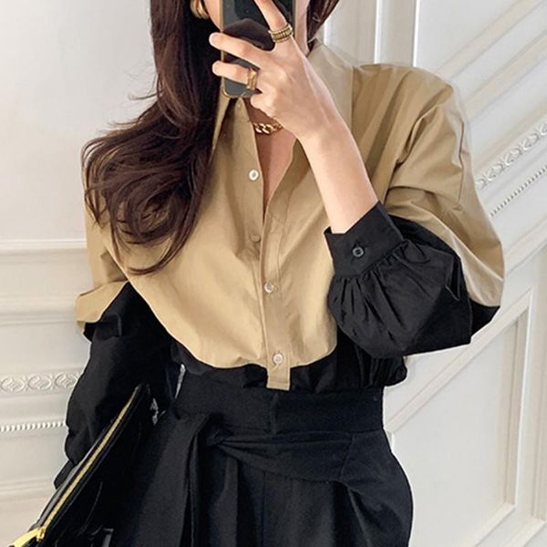 

women's blouses & shirts shnsophi women patchwork blouse 2021 elegant long sleeve lapel female loose office ladies with ruffles korean, White