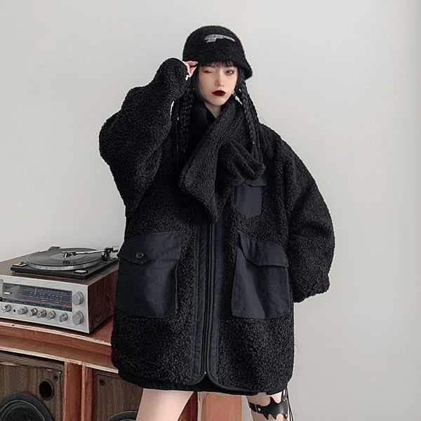 

women's jackets ruibbit punk autumn winter women harajuku gothic girls black hoodies sweatshirt hooded lamb hair japanese plus size, Black;brown