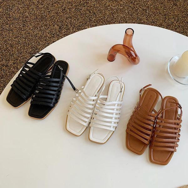 

sandals 2021 fashion narrow band women flat heel back strap summer gladiator shoes peep toe casual outdoor beach slides, Black