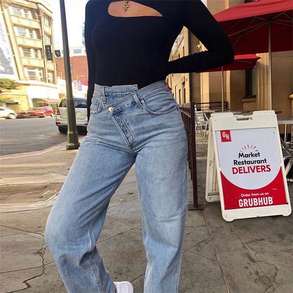 

90s vintage denim boyfriend high-waist jeans solid skater baggy pants fall 2021 women's clothes streetwear, Blue
