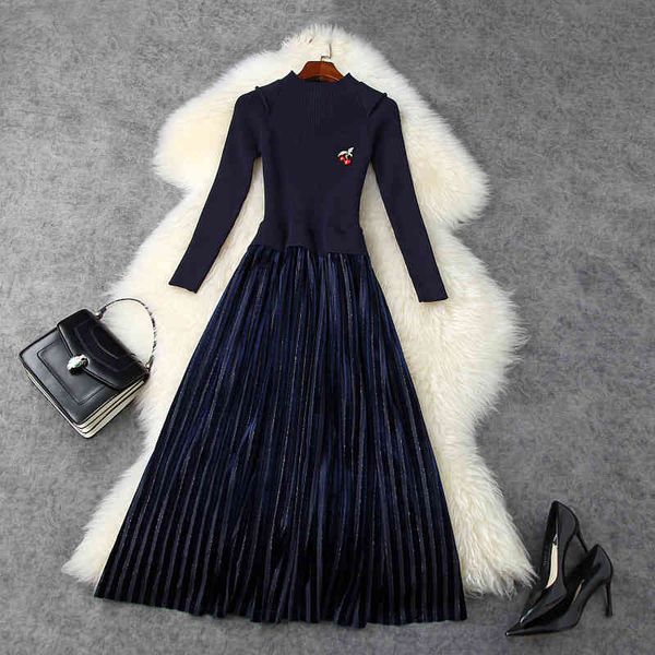 

casual dresses spring superior quality high street pleats women celebrities party knitted stitched velvet dress bwbw, Black;gray