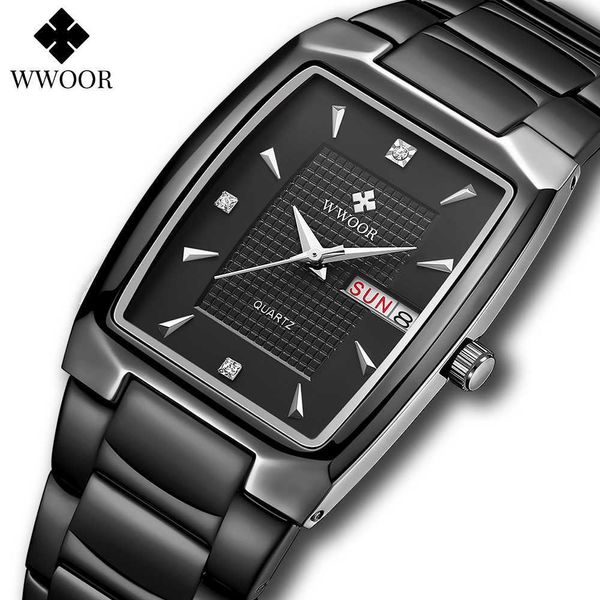 

wwoor fashion full black watch men sports business square quartz clock male steel waterproof week and date reloj hombre 210527, Slivery;brown