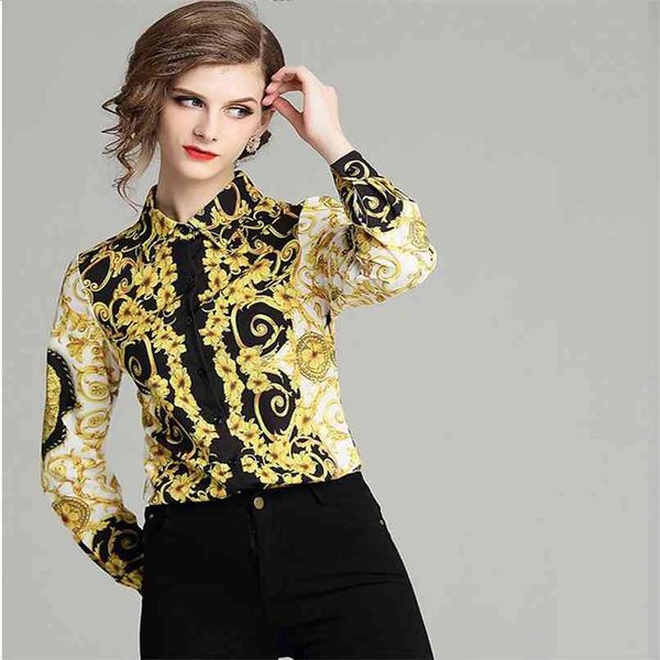 Стиль мода барокко ветер тотем печати отворота с длинными рукавами рубашка блузка женщины винтаж с длинным рукавом 210520