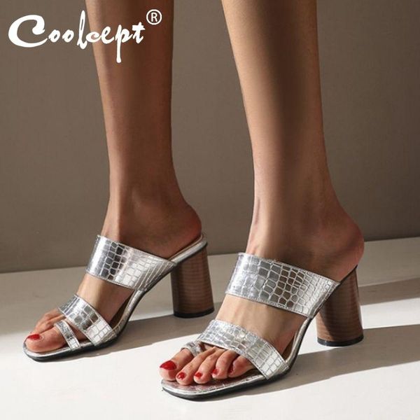 

coolcept women sandals flip-flop shoes leather pattern thick heel candy color ladies slippers beach footwear size 32-48, Black