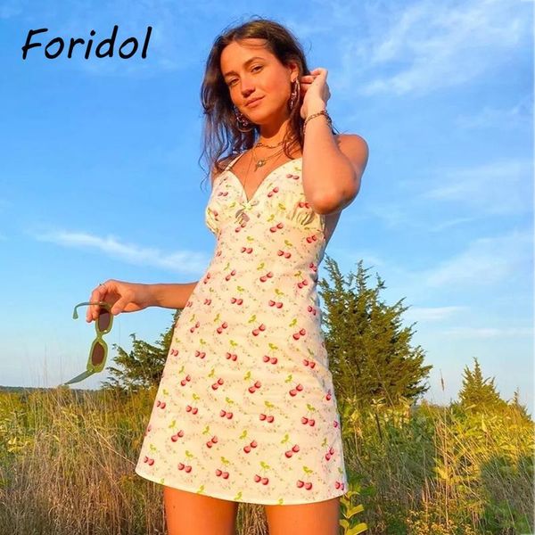 

casual dresses foridol cherry print white summer beach dress women spaghetti strap backless lace up short mini vintage holiday 2021, Black;gray