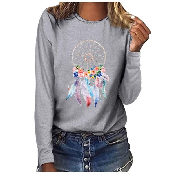 

women's t-shirt dreamcatcher print t shirt for women casual long-sleeved o-neck pullover ladies dames kleding loose tshirt, White