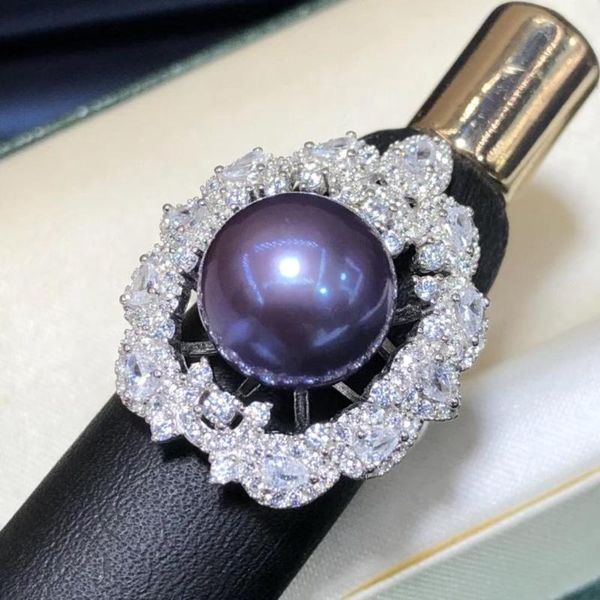

cluster rings d326 pearl ring fine jewelry 925 sterling silver natural 14-15mm fresh water purple for women presents, Golden;silver