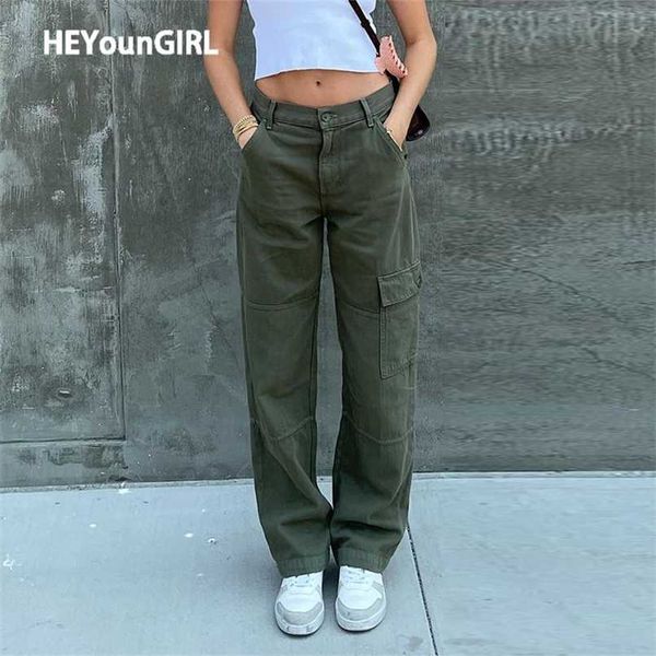 Heyoungirl Casual Vintage Vintage Verde Calças de Carga Mulheres Moda Algodão Alto Cintura Calças de Jeans Exército Denim Calças Senhoras Bolsos 211216
