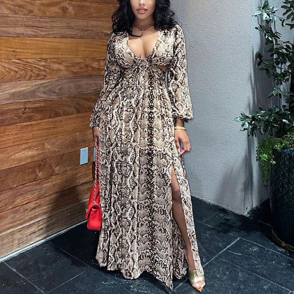 

casual dresses women long sleeve v neck hollow back snakeskin printed maxi dress elegant eveing party slit, Black;gray