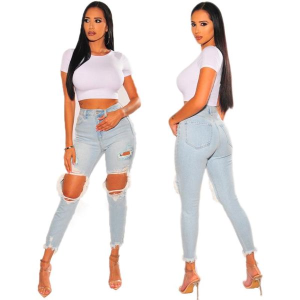 

hollow out ripped jeans for women vintage fashion slim push up hip distressed woman casual skinny denim pencil pants women's, Blue