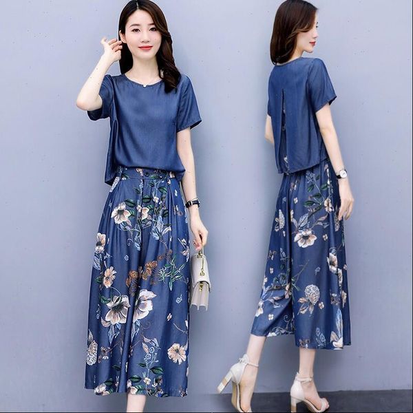 

tencel wide leg pants women dress suit summer thin denim two piece set loose printing ladies pantskirt  4xl, White