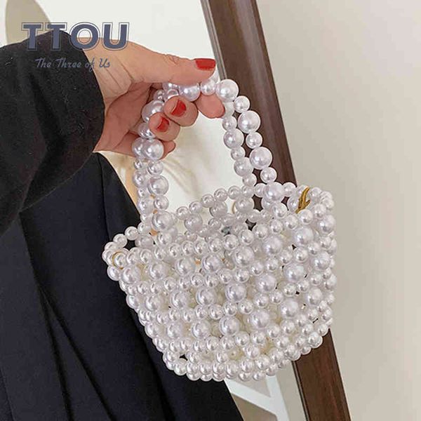 

shopping bags summer new mini pearls designed women beading handbag hollow out all match handle high street female party crossbody 220310
