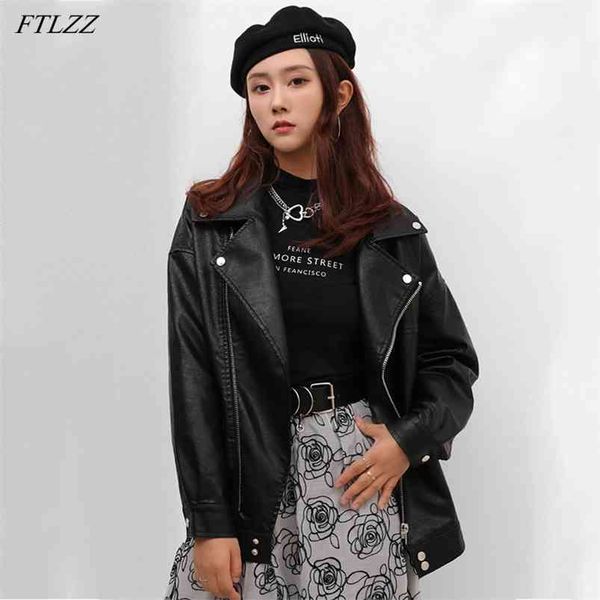 

spring women biker jacket zipper rivet outerwear casual loose soft pu motorcycle punk leather coat female 210430, Black