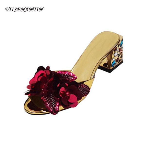 

slippers fashion sequined flower high heels comfortable large size mirrored vamp with diamond thick heel round toe, Black
