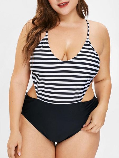 

women's swimwear oversized striped cut out plus size swimsuit, White;black
