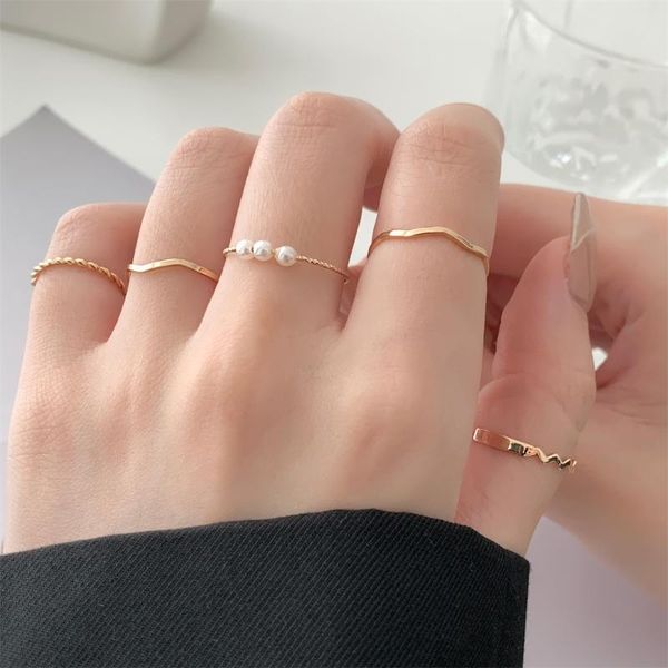 

wedding rings 5/7/8 pcs/set copper hollow open ring for girls adjustable pearl geometric bling bead chain party jewelry accessories gift, Slivery;golden
