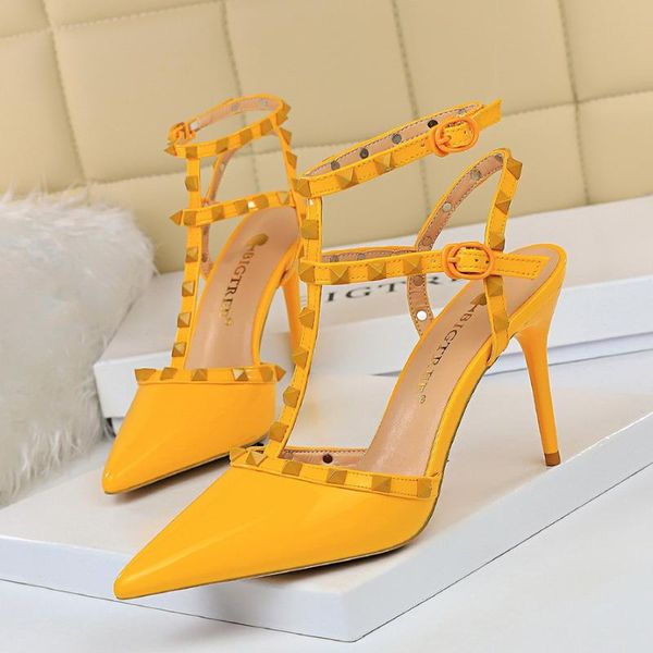 

dress shoes yellow patent leather solid rivets sandals purple pointed hollow out pumps nude high heels 34 t strap women banquet 9cm, Black