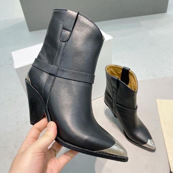 

boots western punk autumn winter strange high heel black leather metal toe mature shoes women 2021 ankle cowboy for