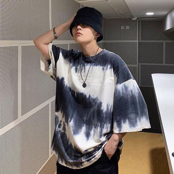 

men's t-shirts summer tie dye short sleeve t-shirt korean loose personality five top, White;black