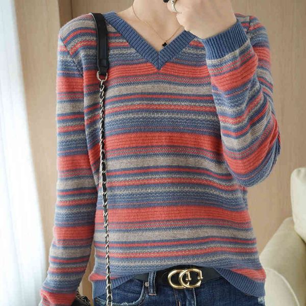 

women's sweaters slim v-neck stripe sweater for women vintage contrast color knitwear female large size long sleeve knitted p, White;black