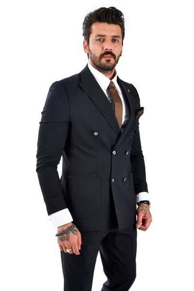 

men's suits & blazers deepsea line print double breasted slim fit men 's suit 2101364, White;black