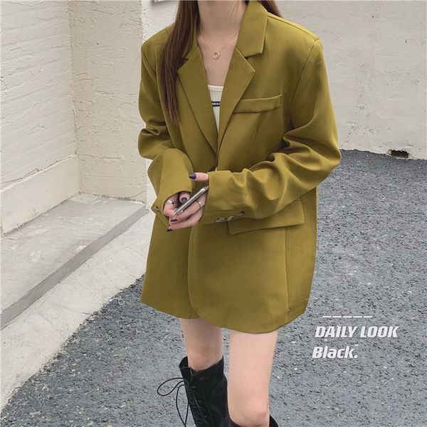 

vintage women blazer springa utumn casual loose coat office lady solid single breasted outwear all match blazers harajuku, Black