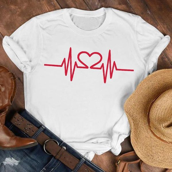 

3d girl love heartbeat printed womens 90s fashion clothes print tee graphic, White