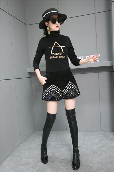 

women's shorts kpop-shorts european station sequin autumn winter elastic waist black fashion matching clothing boots, White;black