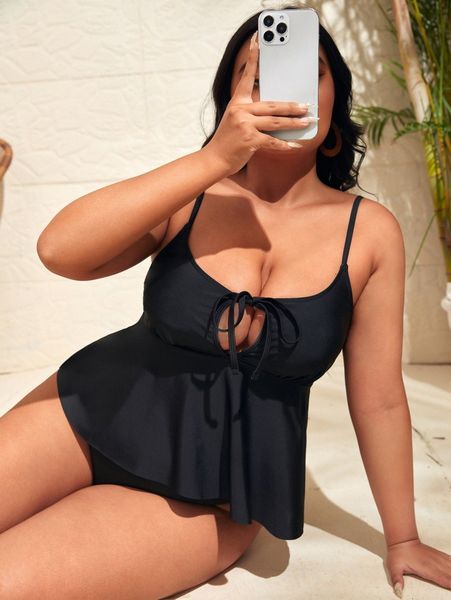 

plus tie front ruffle hem bikini swimsuit e5eg#, Black