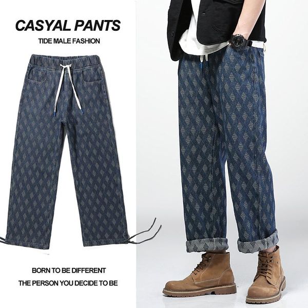 

young men's brand loose casual straight pants fashion trend jacquard diamond lace belted wide leg jeans, Blue