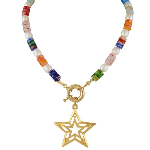 

chokers ladies boho exquisite creative hollow army stars necklace millefiori glass beads fresh water pearls necklaces for women jewelry, Golden;silver