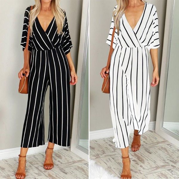 

women's jumpsuits & rompers 2021 womens jumpsuit v-neck bawting sleeve office short sleeved cotton linen striped plus size loose belt, Black;white