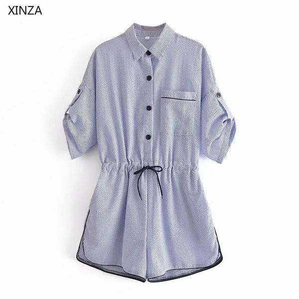 

women's jumpsuits & rompers women striped short summer jumpsuit sleeve elastic drawstring waist blue playsuit woman button up vint, Black;white