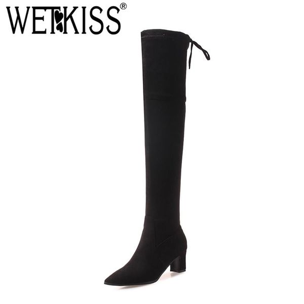 

boots wetkiss lace-up solid women over the knee pointed toe thick heel shoes casual zip female thigh high boot fashion long, Black