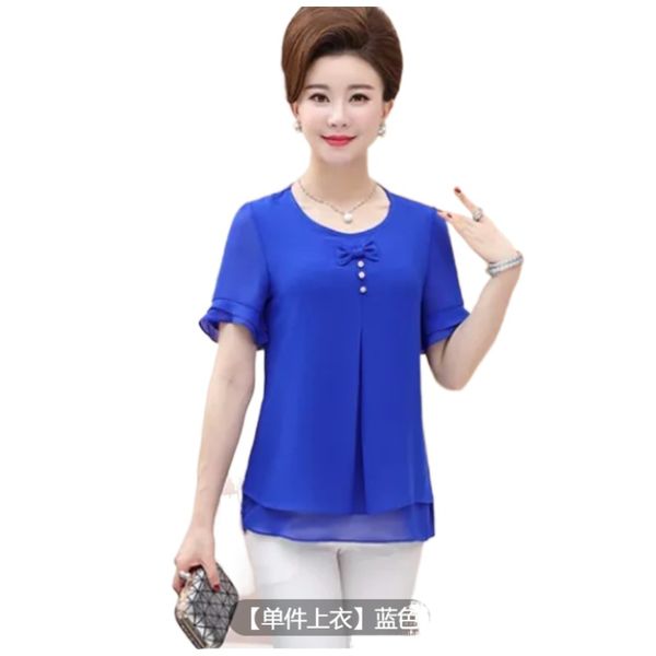 

women's mother's wear summer shirt middle-aged elderly short-sleeved t-shirt chiffon shirt, White
