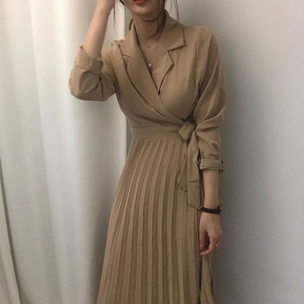 

dress long korean ol'dress plied elegant ladies' sleek sleeve full turn down collar belt wrap gowns mujer midi business shirt dres, Black;gray