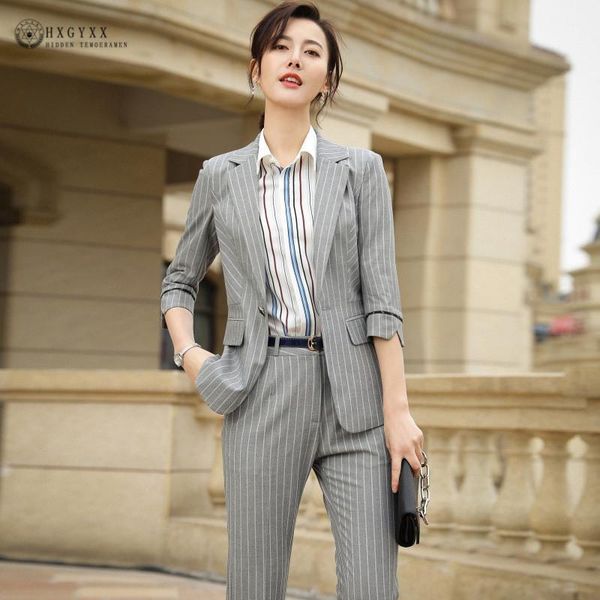 

gray work pant suits 2 piece set women clothes one button slim striped blazer jacket trouser office lady business suit 2021 b132 women', White
