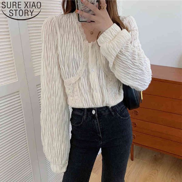 

fashion pleated apricot blouses korean chic sweet lace blouse women v-neck elegant button up long sleeve ladies shirt 12641 210417, White