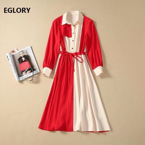 

casual dresses korean fashion dress 2021 spring style women turn-down collar color block patchwork drawstring waist red dark blue ol, Black;gray