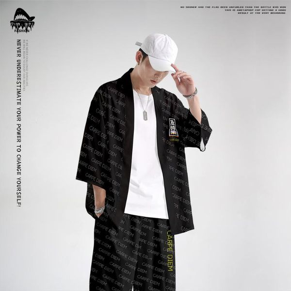 

ethnic clothing anime men cardigan haori yukata fashion summer chinese style black print kimono and pant suit oversized 6xl, Red