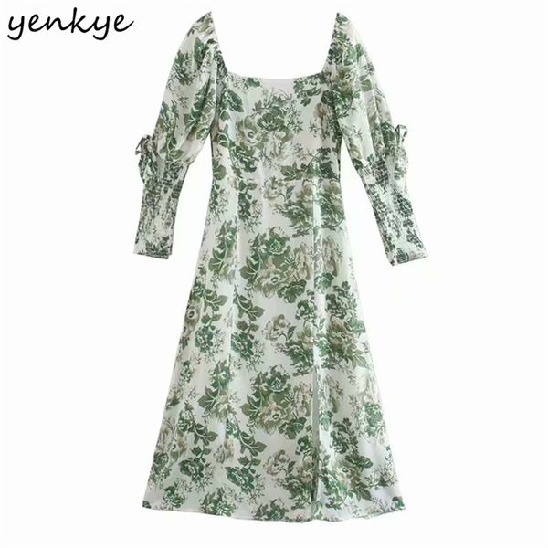 

fashion women floral print hem slits dress female square neck long sleeve a-line midi summer dresses party vestido mujer 210514, Black;gray