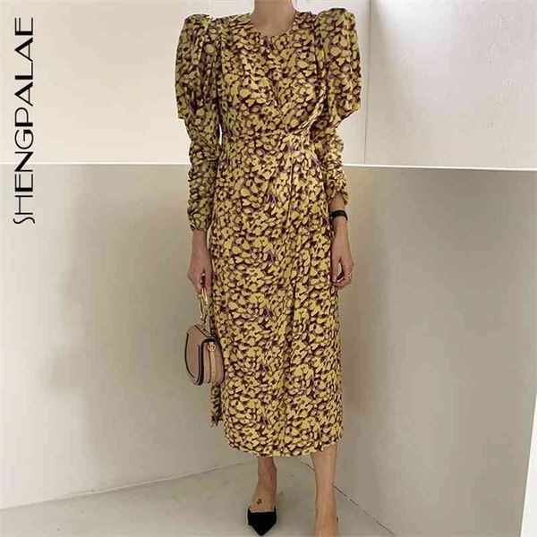 

spring women vintage loose high waist slim was thin elegant leopard print puff sleeve maxi dress za5766 210427, Black;gray