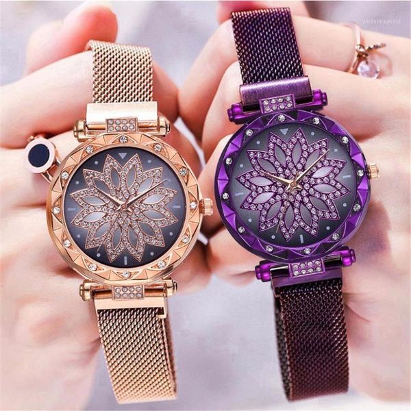 

wristwatches fashion women magnet buckle flower watch luxury ladies rhinestone quartz clock relogio feminino drop, Slivery;brown