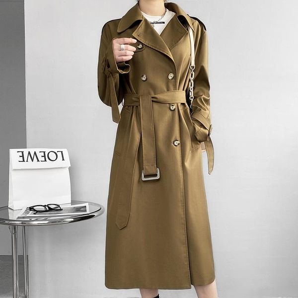

women's trench coats aecu women double breasted slim coat korean style loose oversized x-long windbreaker outwear, Tan;black